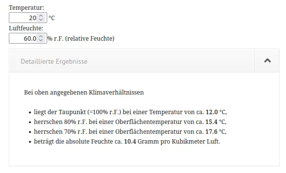 Taupunkt bei 20 Grad und 60% rel. Luftfeuchtigkeit