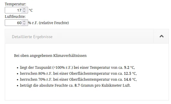 Taupunkt bei 17 Grad und 60% rel. Luftfeuchtigkeit